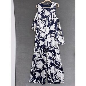 Julia Jordan Jumpsuit 16 Navy Blue White Floral Silky Flowy Wide Leg Resort‎